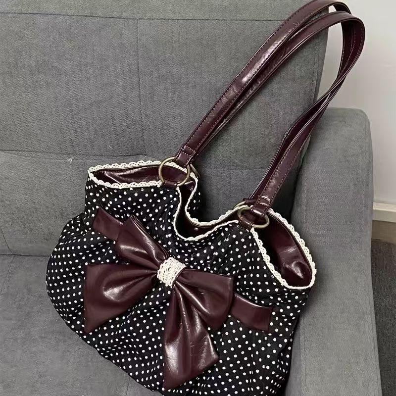 Vintage Y2k Gepunktete Schleife Schultertasche Japanische Süße Achseltasche Stilvolle Niedliche Lolita Handtasche Lässige Vielseitige Plüsch-Tragetasche