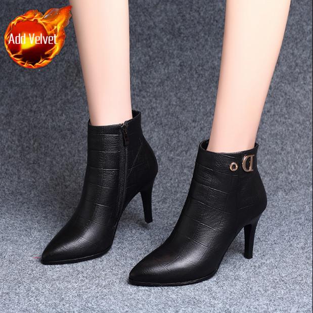 Heeled Pointed Toe Leather Female Short Shoes Autumn Winter Black Warm Women's Ankle Boots High Quality Y2k Goth Booties Sale