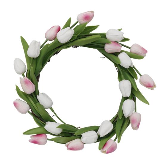 Artificial Tulip Wreath with Vine Base Lifelike Floral Door Wall Hanging Decor for Home Garden Party Fade-Resistant Reusable Spring Home Decoration