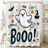 Boo Halloween-themed shower curtain featuring ghosts and pumpkins decorative bathroom accessory for spooky season (Item #12345