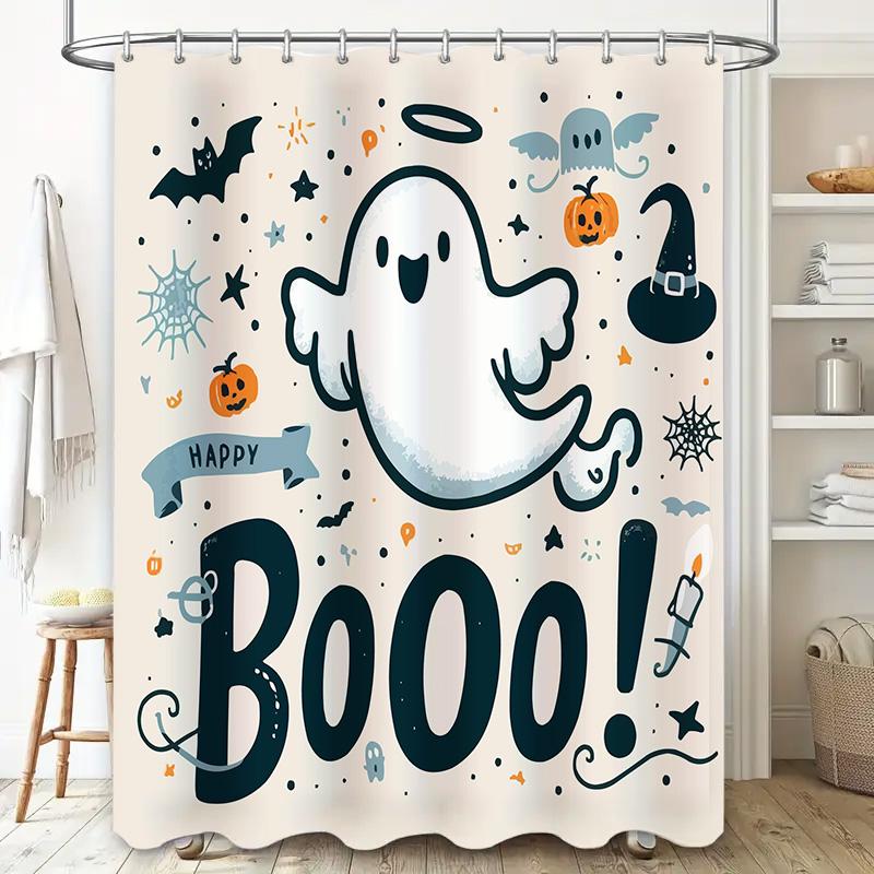 Boo Halloween-themed shower curtain featuring ghosts and pumpkins decorative bathroom accessory for spooky season (Item #12345
