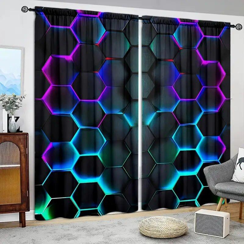 2pcs Futuristic Hexagonal Art Printed Curtains, Pole Bag Curtains 42*84, Bedroom Living Room, Home Decoration, Room Decoration