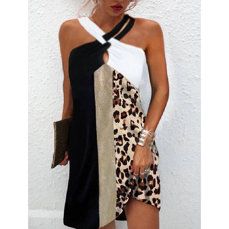 Sexy mini šaty s halter výstřihem a leopardí patchworkovou potiskem, letní bez rukávů, plážové ležérní šaty, plus size, volná dámská tunika