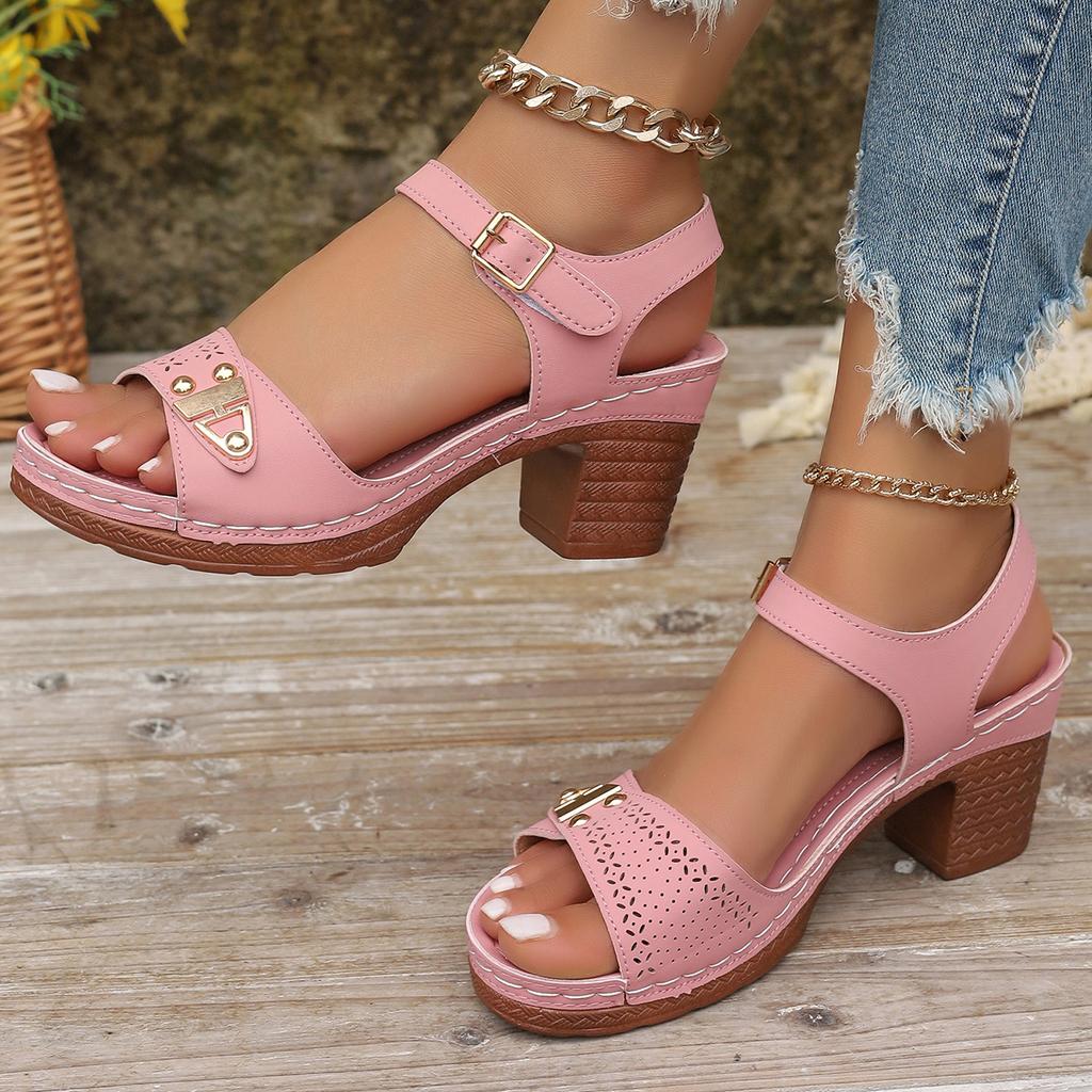 Fashion Round Head Metal Buckle Open Toe Heels Summer New Fashion Medium Heel Soft Sole Stitching Heels