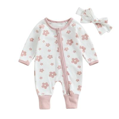 Infant Baby Fall Jumpsuit Set Round Neck Long Sleeve Flower Print Zipper Romper Bow Headband Newborn Clothes