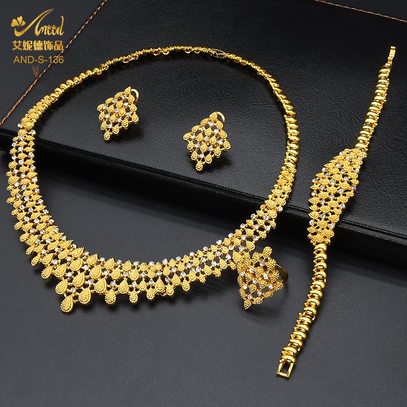 ANIID Dubai Schmucksets für Damen Mode Nigerianische Halskette Ohrringe 24K Goldfarbe Hochzeitsarmbänder Indische Ringe Braut