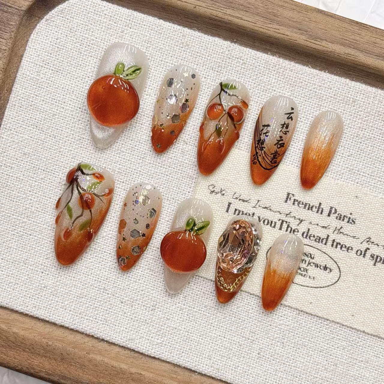 Handmade Persimmon Ruyi Almond Fake Nail Tips - Pure, Wearable Nail Art