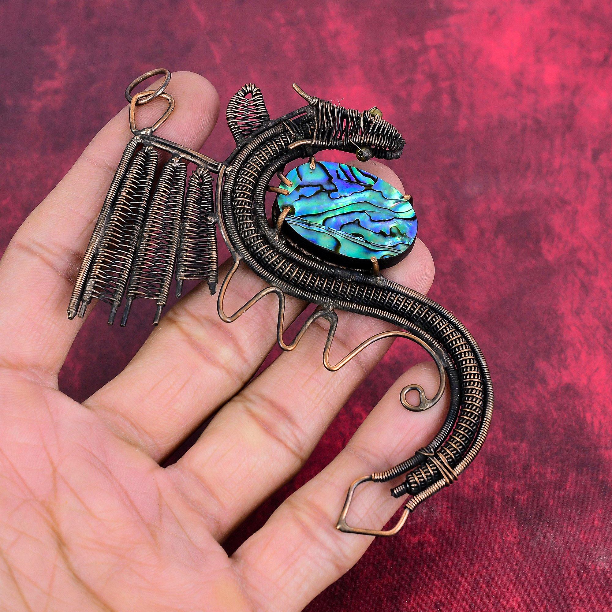 Abalone shell pendant copper wire wrapped jewelry dragon pendant handmade gemstone jewelry copper pendant gifts for mother wire wrap pendant