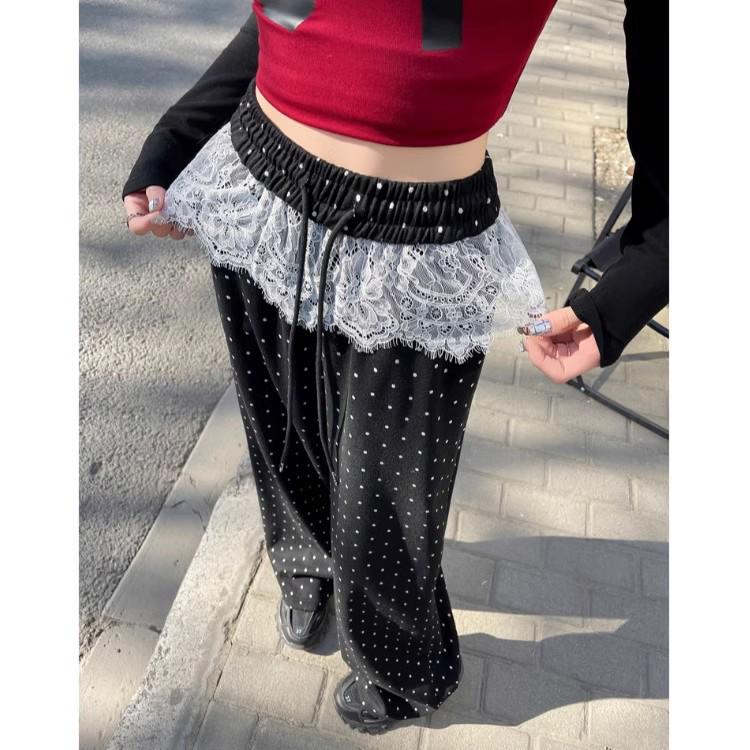 Women's Lace Patchwork Polka Dot Wide-Leg Elastic Waist Pants, Loose Fit, Floor-Length - Spring/Summer 2025 Collection