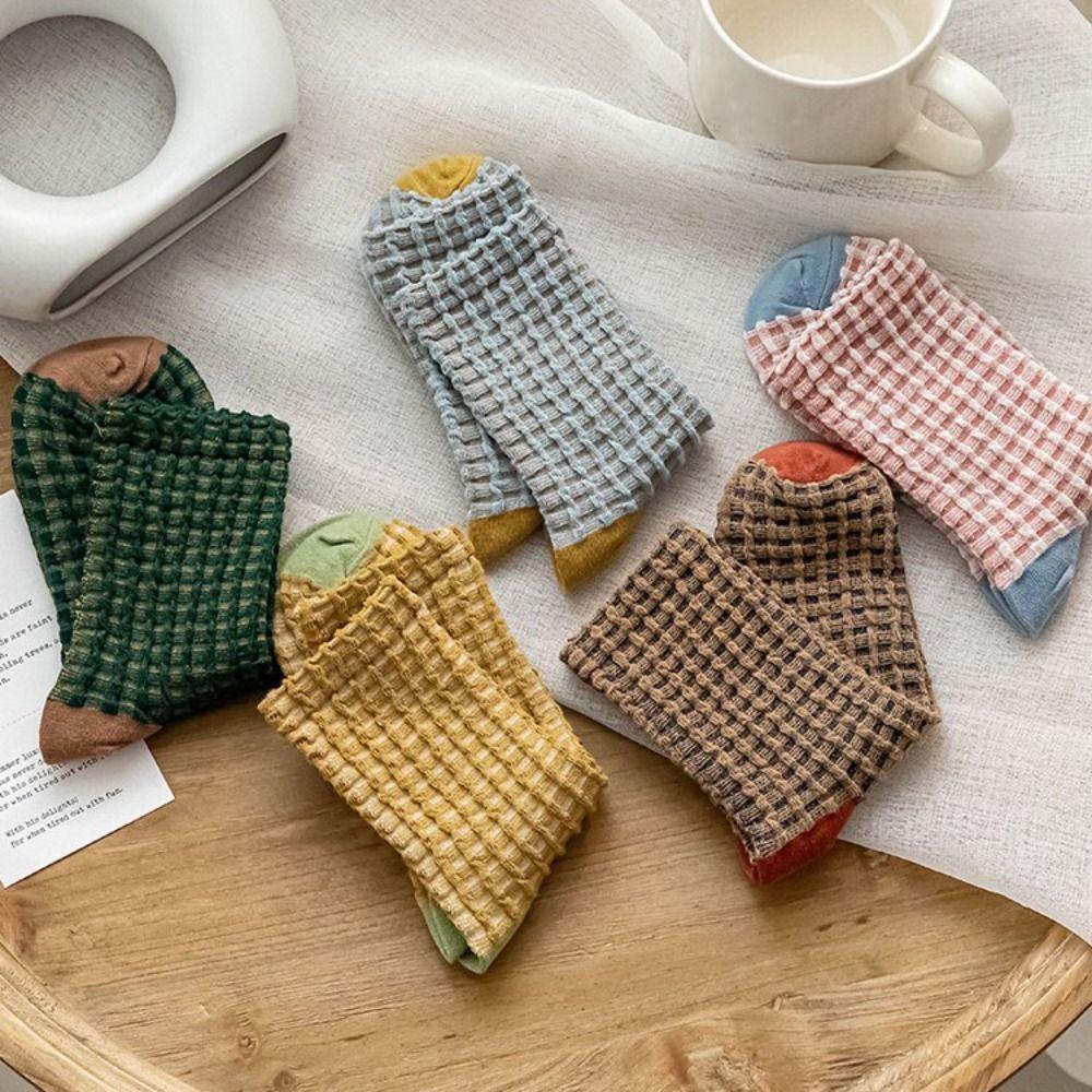 5Pairs Breathable Checkered Cotton Socks Patchwork Grids Socks Sweet Women Tube Sock Gift