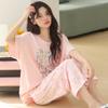 Women's Cartoon Cotton Pajama Set: Short Sleeve & Seven-Point Pants, Outdoor Wearable, Cute Summer Style