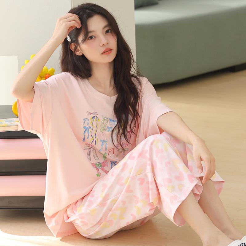 Women's Cartoon Cotton Pajama Set: Short Sleeve & Seven-Point Pants, Outdoor Wearable, Cute Summer Style