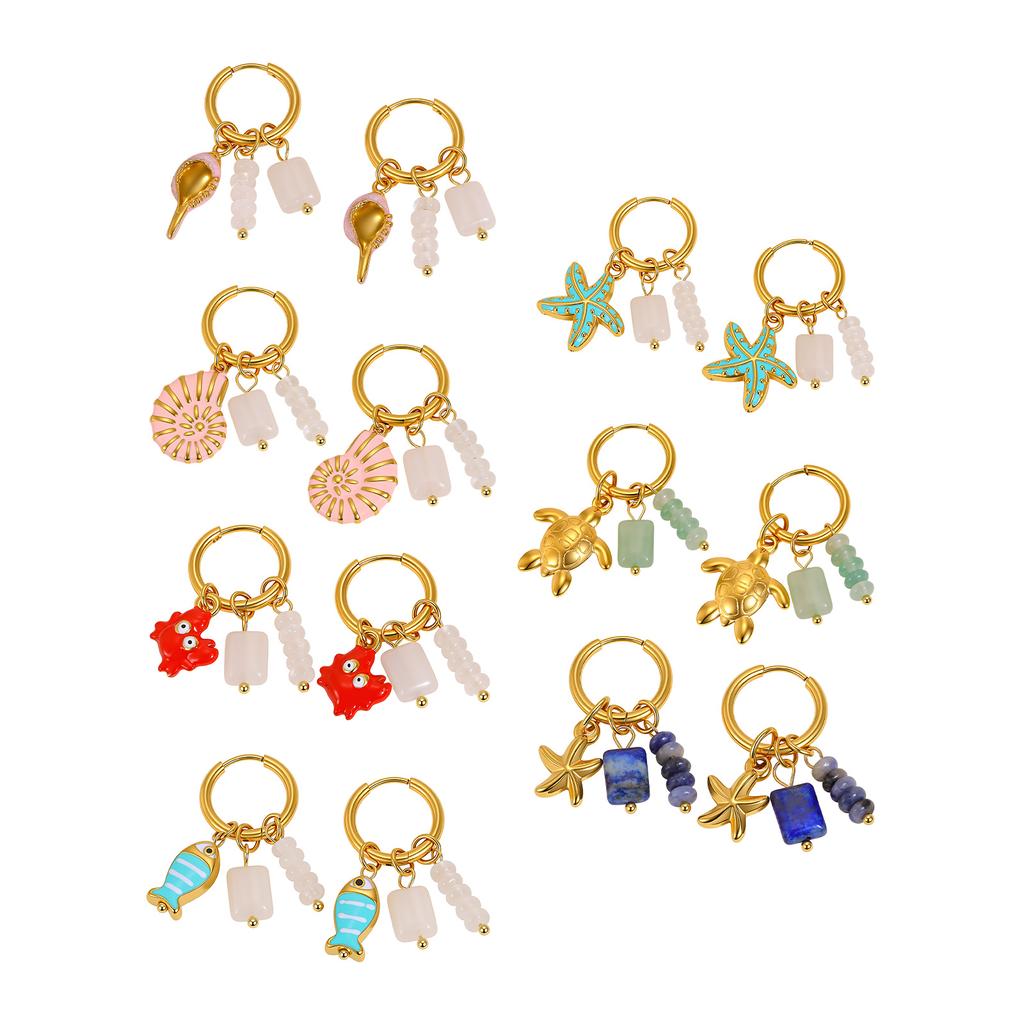 Ocean Series Conch Shell Starfish Fish Pendant Earrings for Women Natural Stone Charms Stainless Steel Waterproof Jewelry