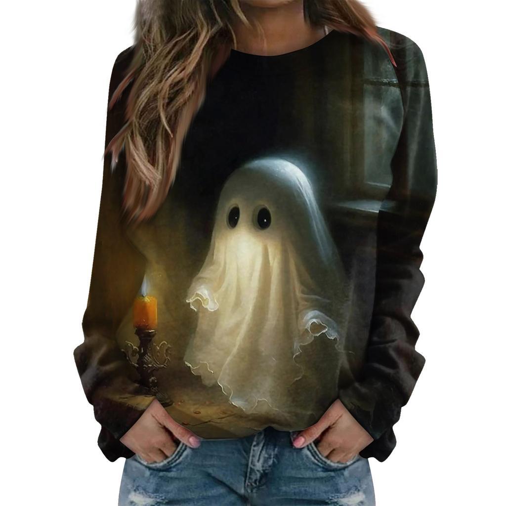 Halloween ghost pattern T-shirt, fashionable casual women's long-sleeved top
