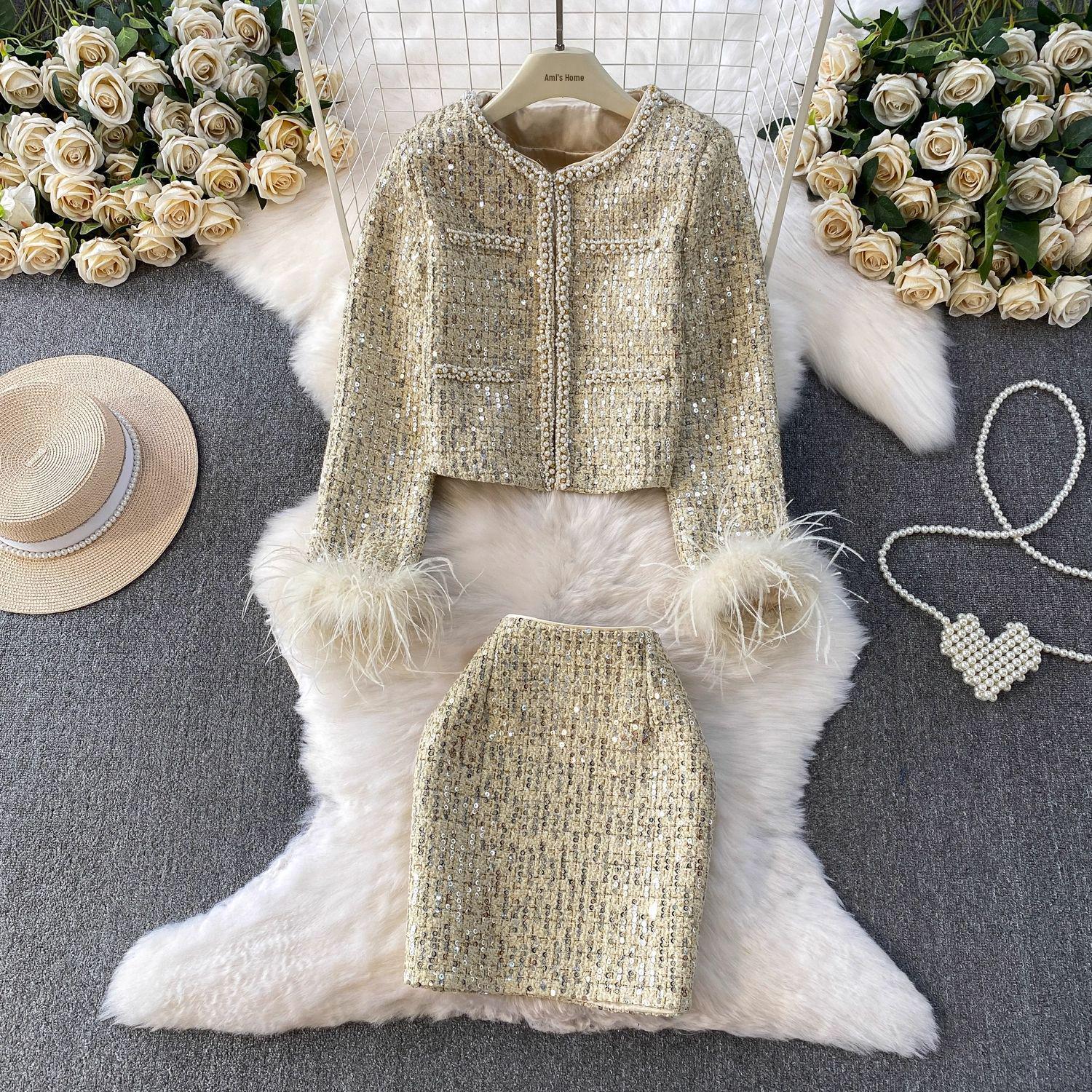 

European Luxury Embroidered Rhinestone Jacket & Sequin Skirt Two-Piece Set for Women XL