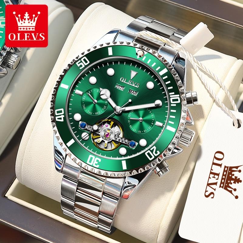 OLEVS 6605 Classic Original Mechanical Wristwatches For Man Skeleton Flywheel Calendar Business Automatic Men's Watch