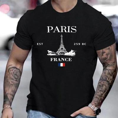 Men's Summer Sports Paris Letter Printed Round Neck T-shirt 100% Cotton Street Holiday Fitness Jogging Breathable Short Sleeve