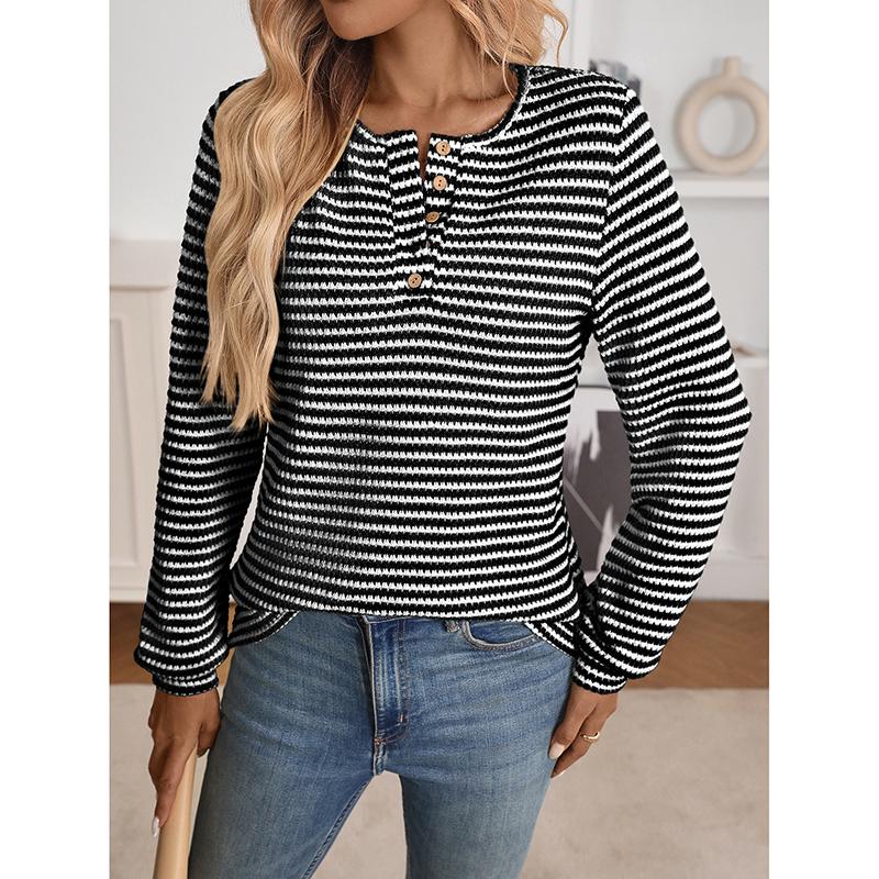 Autumn Women New Casual Loose Striped Oversized T-shirt Womens Long Sleeve Round Neck Button Shirt T-shirt Fashion Pullover S