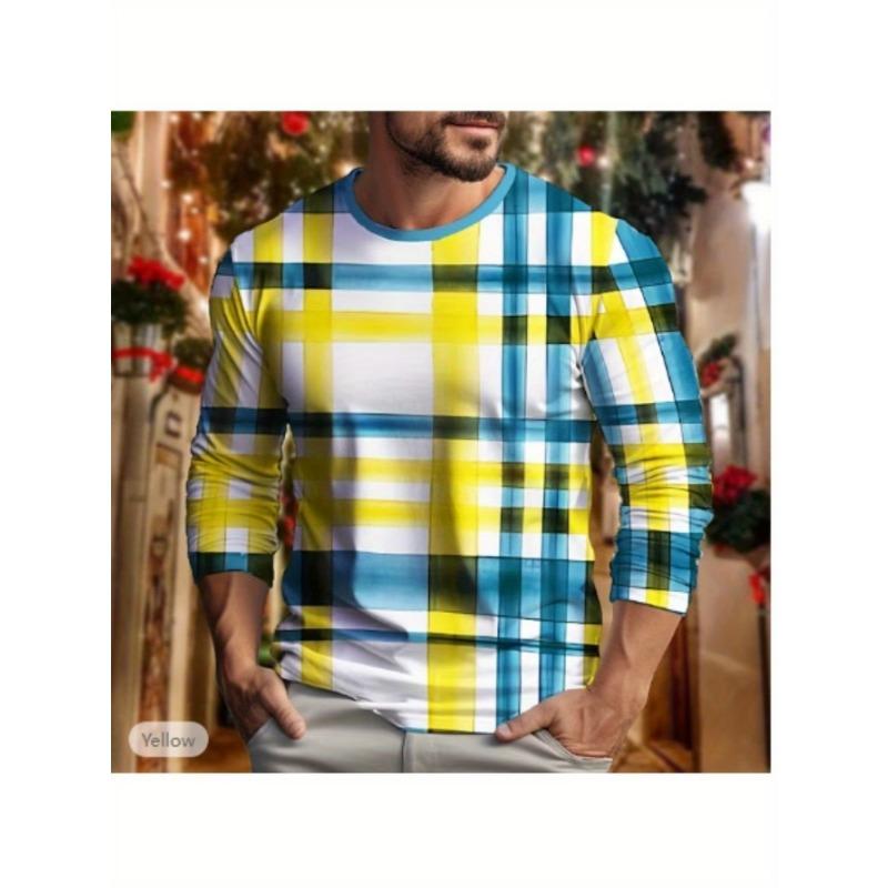 Men's casual sports 3D printed simple round neck long sleeved top