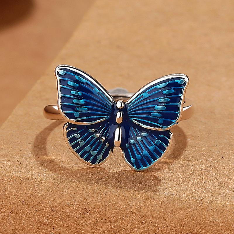 Blue Enamel Butterfly Ring Female Titanium Steel Design Sense Fashion Open Adjustable Creative Finger Ring