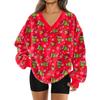Women's Fashionable V-neck Christmas Printed Long Sleeved Casual Pullover Plush Warm Pocket Sweatshirt Top