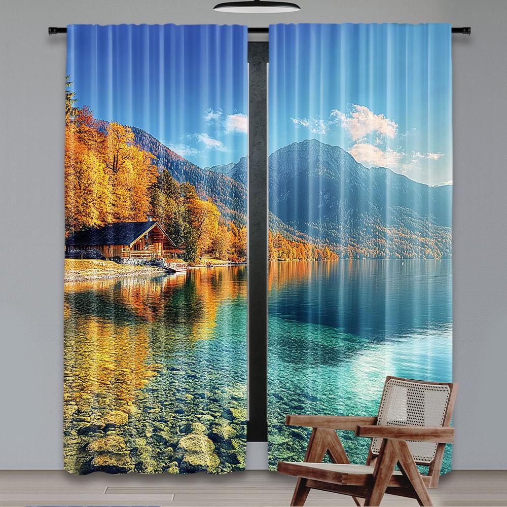 Set Of 2 Mountains Lake Curtain Autumn Nature Landscape Forest Scenery Trip Travel Theme Party Decoration Many Other Polyester