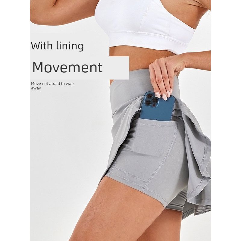 New Arrival Yoga Tennis Skirt Women's High Waist Slim Looking Sports Training Skirt Fake Two-Piece Fashion Tape Half-Length Pleated Skirt