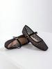 Women's Black Square Toe Ballet Mary Jane Flats with Cross Pattern Embroidery Detail and Black Buckle Strap
