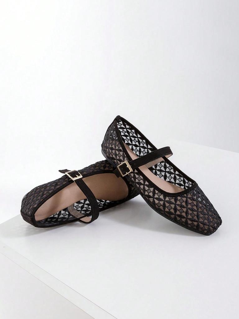 Women's Black Square Toe Ballet Mary Jane Flats with Cross Pattern Embroidery Detail and Black Buckle Strap