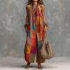 Abito Maxi da Donna Color Block con Scollo all'Americana Senza Maniche Bohemian Patchwork Vestito Estivo dalla Vestibilità Larga