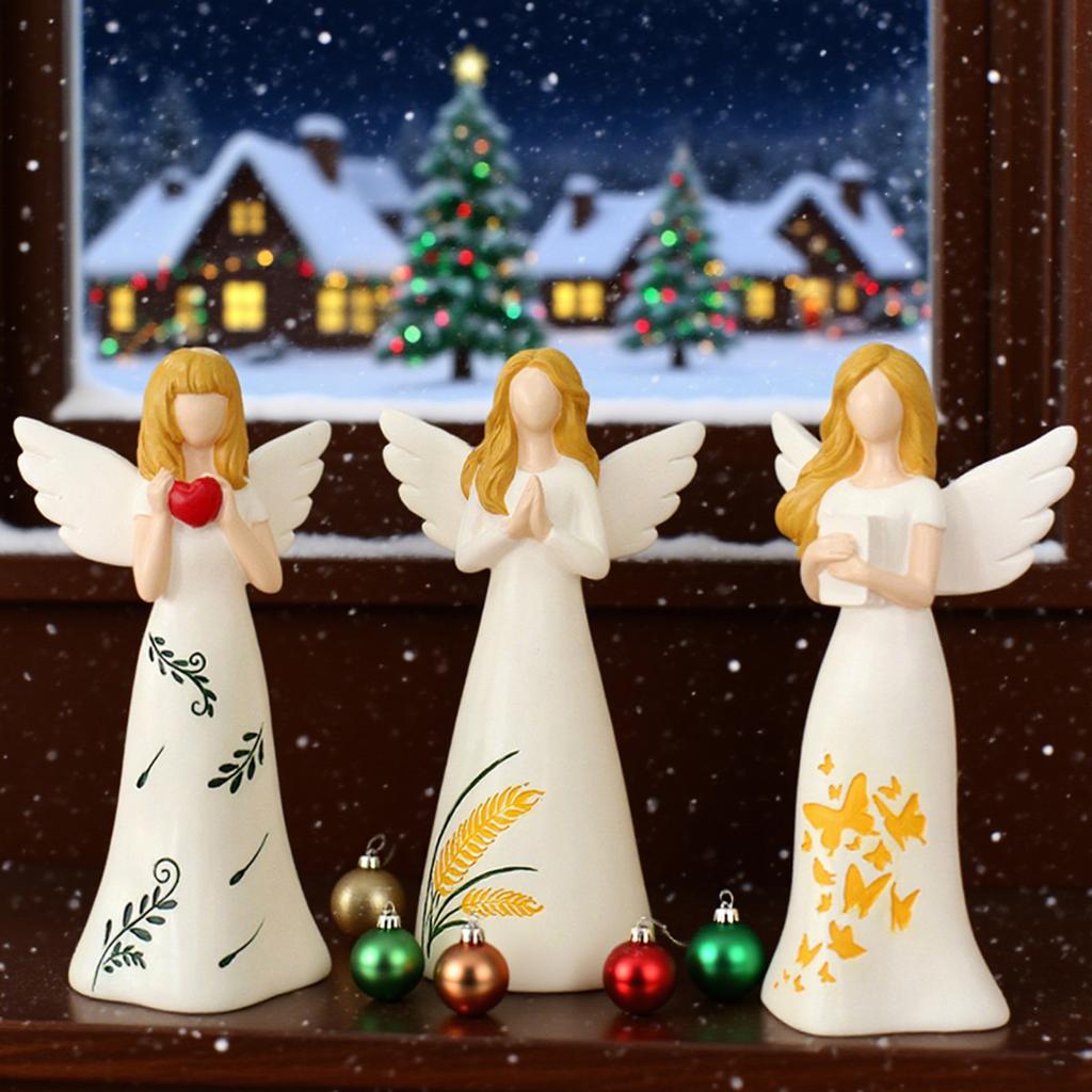 Praying Angel Statue Set (With Heart And Bible) - Elegant Beige Resin Statues Perfect For Home Altars And Spiritual Decor.