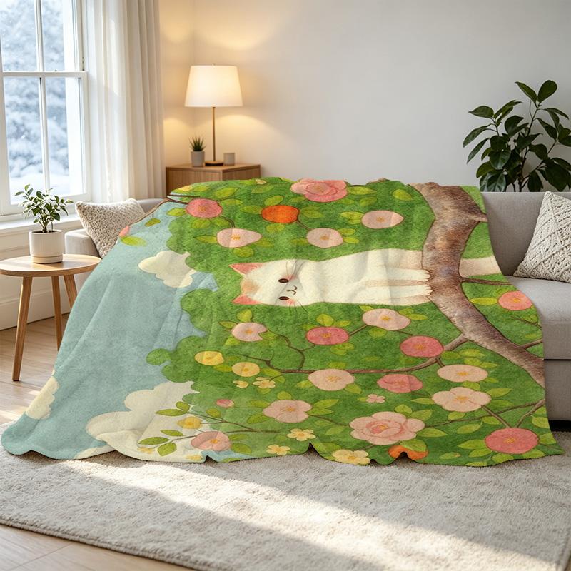Soft Flannel Fleece Blanket - High-Density Plush, Cute Cat Pattern, Warm Cozy Throw for Home Decoration, Halloween & Christmas