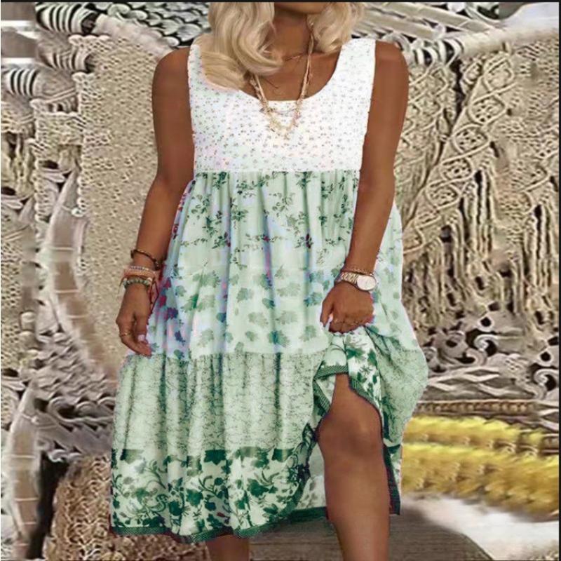 Spring/Summer Sleeveless Splicing Printed Loose Dress New Large Size Women's A-line Party Dress Round Neck Sweet Elegant Fashion Casual Sundress