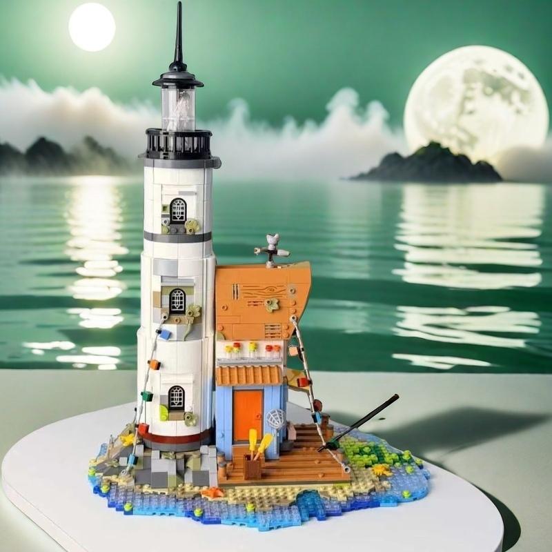 Leuchtturm am Meer Bausteine Set mit Hüttenarchitektur DIY Sammlerstück Küstenszene Modellsteine Bausatz