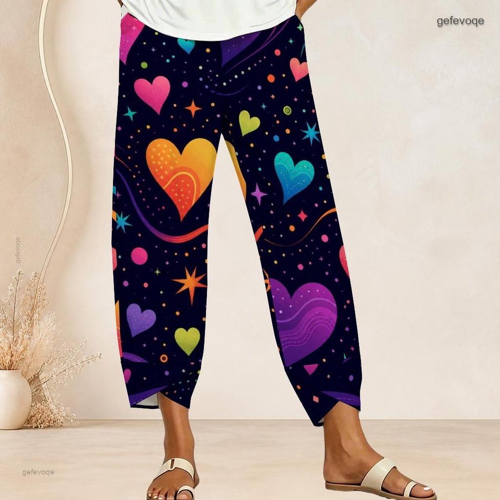 Women Plus Size Cross Hem Long Pants Colorful Sketch Heart Star Graffiti Print Loose Casual Trousers
