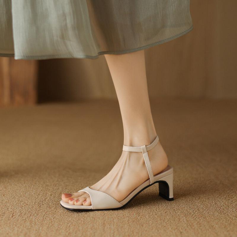 

New high-heeled sandals women s casual solid color large and small size women s shoes rubber soft sole summer women s wide strip sandals square head 39 бежевый