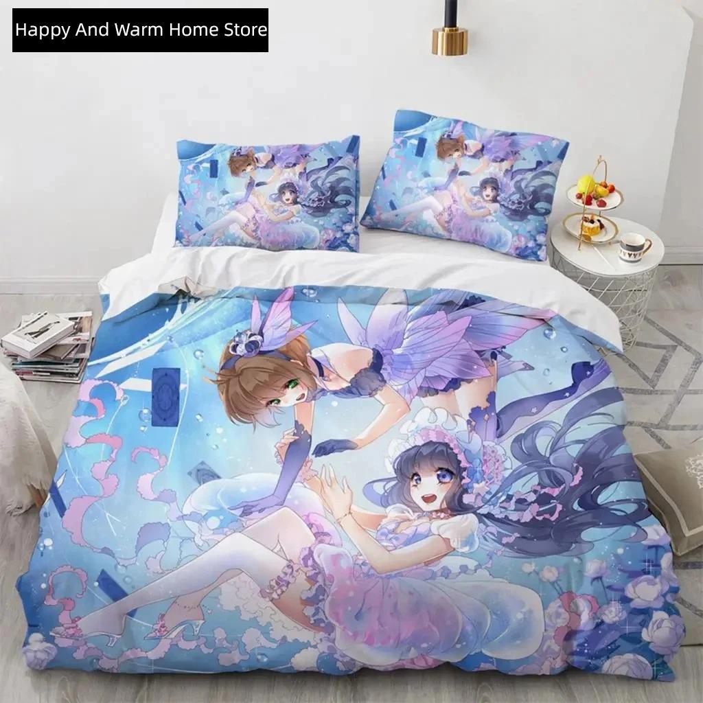 Anime Cardcaptor Sakura Beding Set,Soft Duvet Cover Warm Comforter Bed Linen Set Comfortable Quilt Cover Pilowcase,King Quen Twin Sized Dimensions