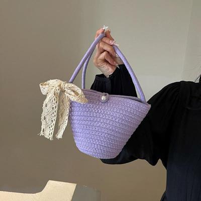 Jednoduchá pruhovaná Crossbody taška Pletená z provázku Sladká taška typu kbelík Taška přes rameno s mašlí Plážová taška