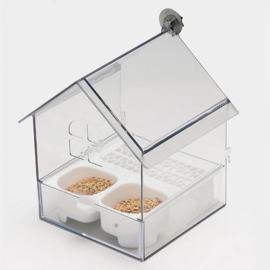 Pull-Out External Parrot Feeder Window Mounted Birds House with Two Food Slots Transparent Parrot House with Water Catcher Tray
