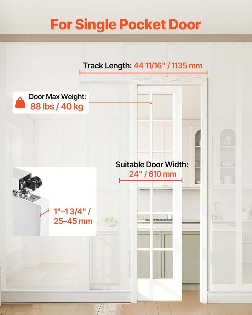 Sliding Pocket Door Hardware Track Kit, 1135 mm Pocket Door Track Kit with Soft Close Mechanism for Smooth and Quiet Sliding, Easy to Install, for 25