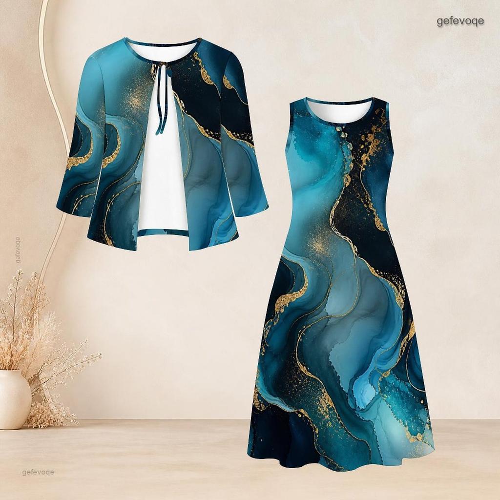 Women Plus Size Tie Neck Black Printed Two Piece Set Three Quarter Sleeve Cardigan Sleeveless Long Dress
