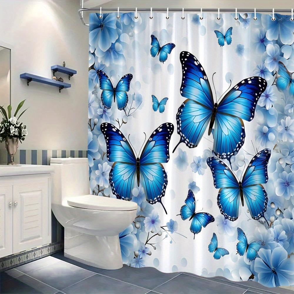 Helderblauwe Vlinders en Bloemen Douchegordijn Wasbaar Vuilafstotend Douchekop Waterdicht Polyester Badkamer Gordijn