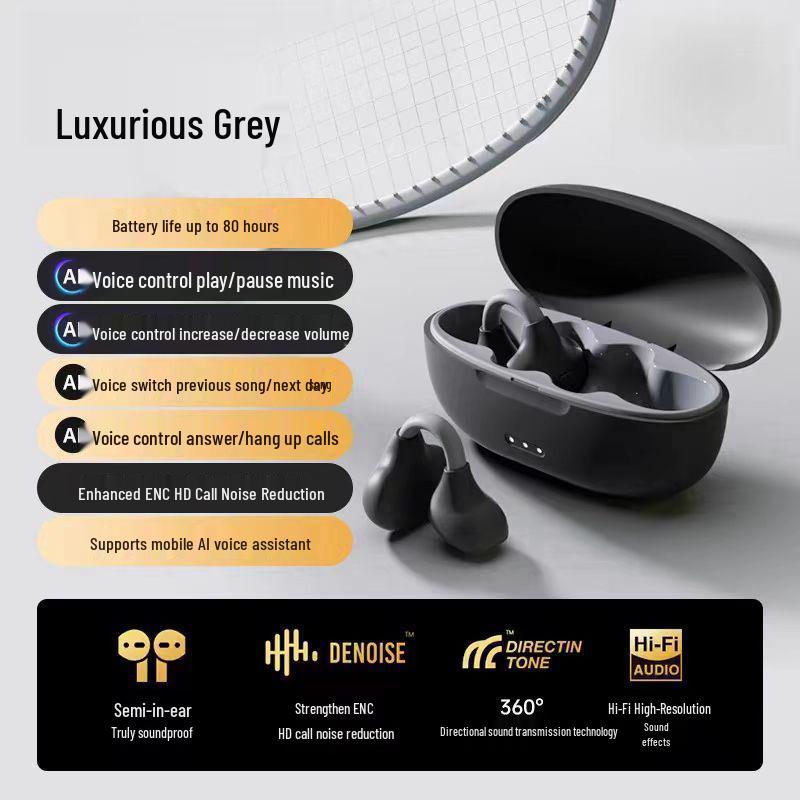 Bluetooth Bone Conduction Sports Earbuds: Clip-on, Long Battery Life, Over-ear, Wireless, Not In-ear.