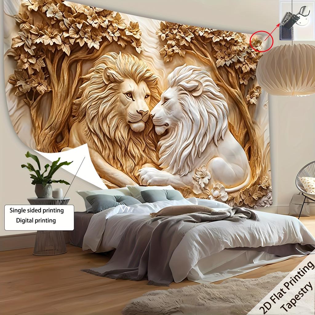 Lion Lovers Tree Tapestry, Romantic Relief Design with HD Print, Large Polyester Wall Art for Couples Bedroom Living Room Decor