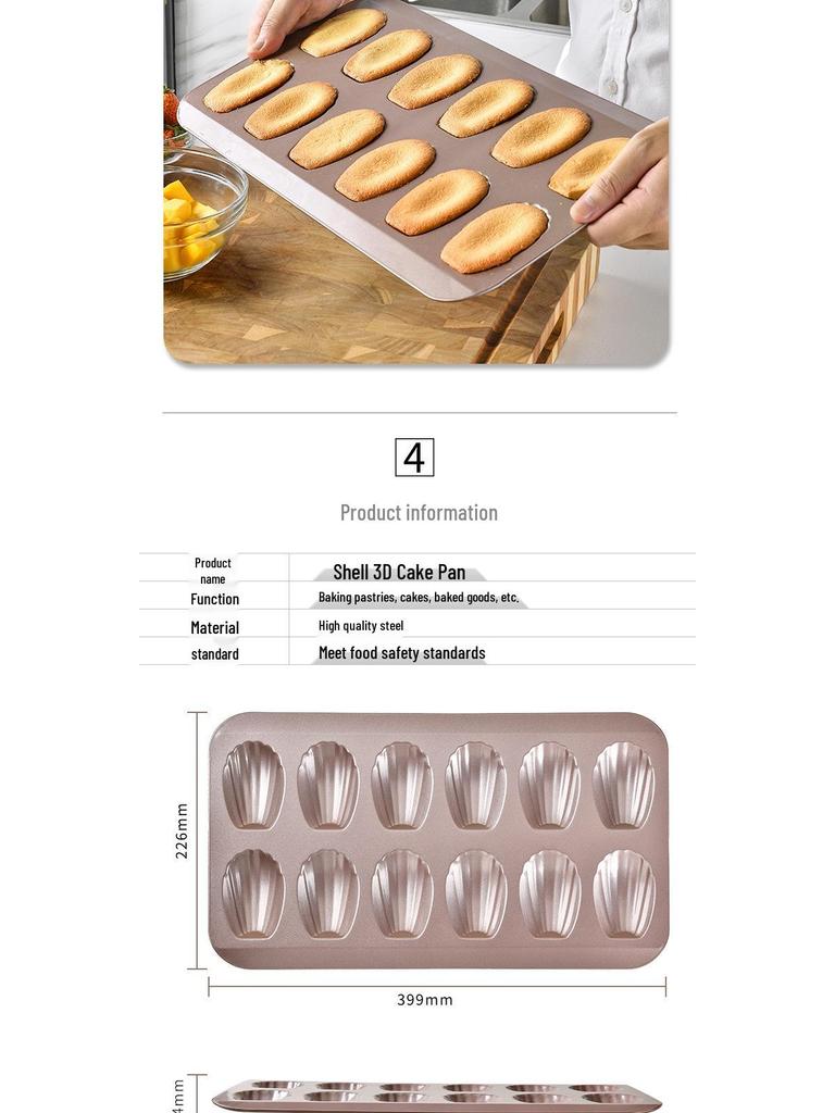 Non-Stick Stainless Steel French Shell 3D Cake Mold - 12-Cavity Baking Pan for Chiffon Pastry