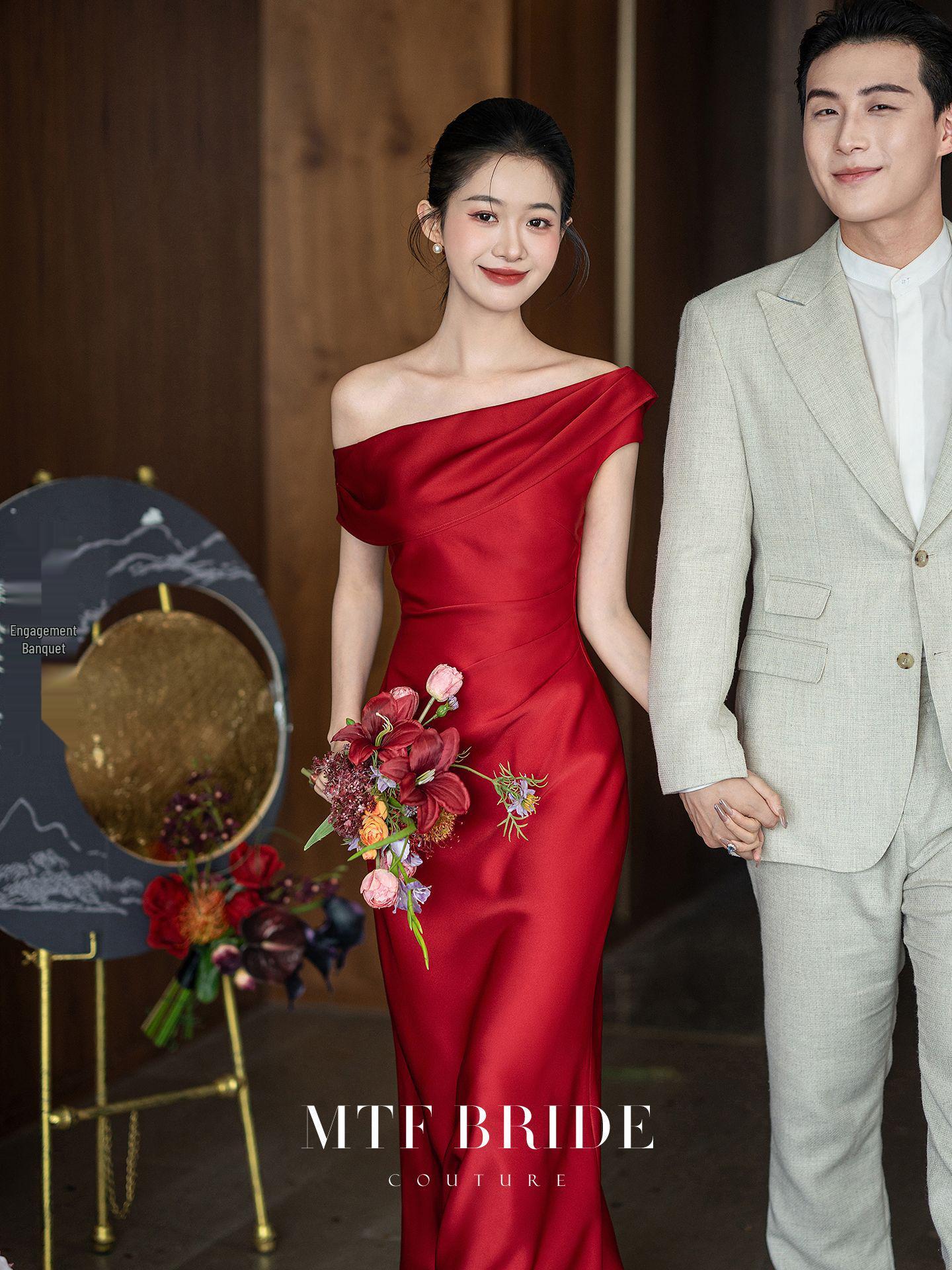 Элегантное красное свадебное и вечернее платье на одно плечо для женщин S