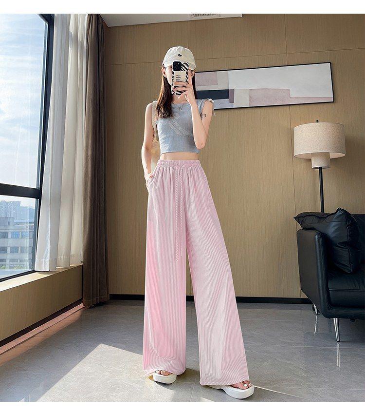 

Cross-Border Vertical Stripe High-Waisted Wide-Leg Pants - Summer Straight Loose Casual Floor-Length Design. XXL рожевий