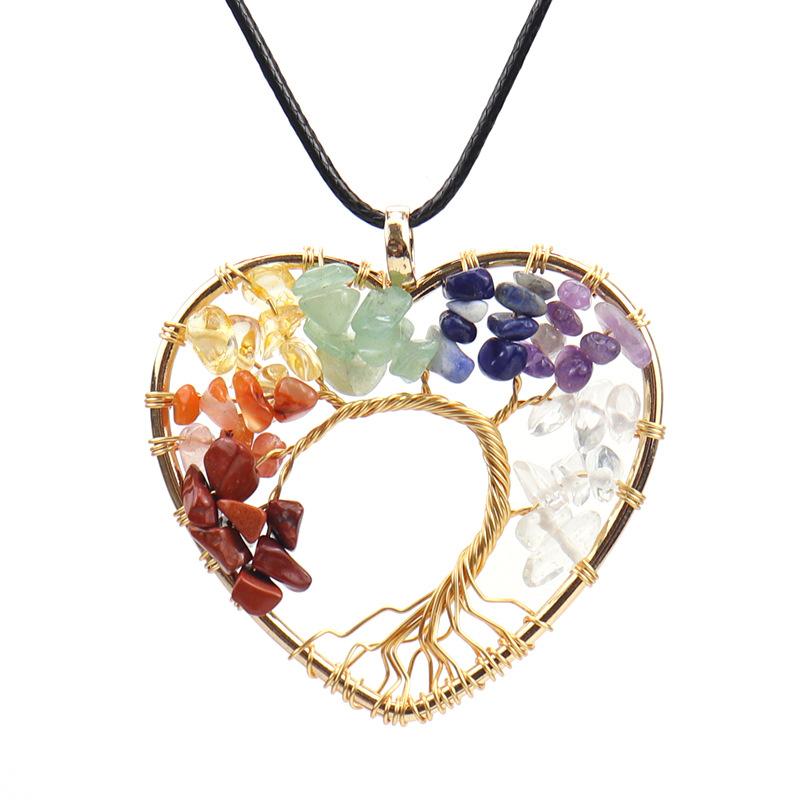 Hand Winding Gold Peach Heart Curved Tree Of Life Necklace Gravel Crystal Pendant Necklace N54