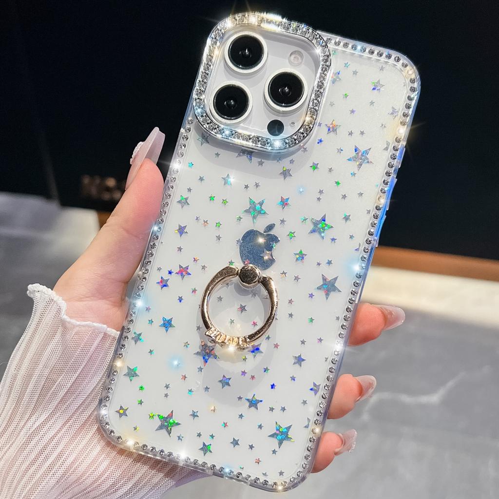 IMD Glitter Stars Plating Finger Ring Diamond Case For iPhone 17 Air 16 E 15 14 13 Pro Max Plus Rhinestone Clear Shockproof Capa