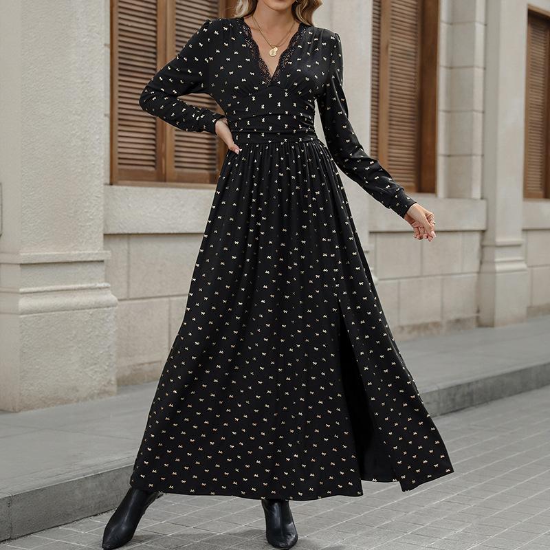 New Autumn Elegant Retro Style Lace V-neck Bow Printed Long Sleeved Dress